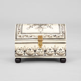 A SMALL BONE BOX WITH A DOMED LID, OVERALL PENWORK DECORATION AND NEW EBONISED BALL FEET.