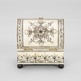 A SMALL BONE BOX WITH A DOMED LID, OVERALL PENWORK DECORATION AND NEW EBONISED BALL FEET.