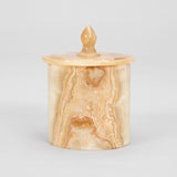 A SMALL LATE 20TH CENTURY ONYX JAR WITH FINIAL TOPPED LID.