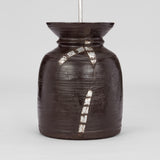 A TURNED WOODEN NEPALESE TEKHI JAR WITH FLARED RIM AND OLD ALUMINIUM REPAIRS CIRCA 1970S, WIRED AS A LAMP.