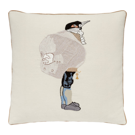A NEEDLEPOINT CUSHION OF A MALE SWALLOW INSPIRED BY NANCY LANCASTER'S TABLECLOTH