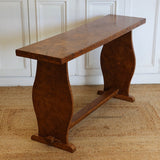 AN EARLY 20TH CENTURY COTSWOLD SCHOOL, BURR ELM CONSOLE TABLE OF LOVLEY COLOUR AND SIMPLE LINES.