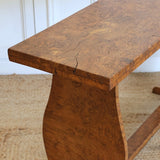 AN EARLY 20TH CENTURY COTSWOLD SCHOOL, BURR ELM CONSOLE TABLE OF LOVLEY COLOUR AND SIMPLE LINES.