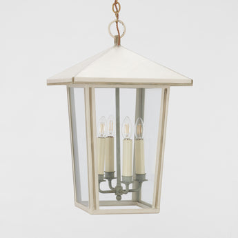 A SQUARE GLAZED HANGING LANTERN WITH PITCHED PAGODA ROOF AND LATER PAINTWORK. 20TH CENTURY.