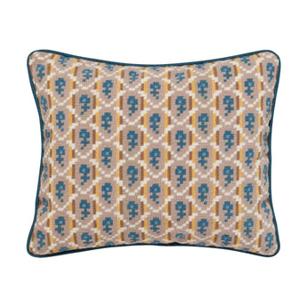 A SMALL HANDSTICHED NEEDLEPOINT PANEL OF COLEFAX AND FOWLER ARCHIVE BORDEAUX MADE UP AS A CUSHION.
