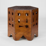 A SMALL LOW 1950s FRENCH HEXAGONAL TABLE WITH GEOMETRIC CUT-OUTS AND BRASS STUD DETAILING.