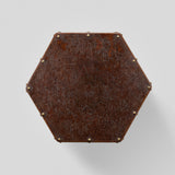 A SMALL LOW 1950s FRENCH HEXAGONAL TABLE WITH GEOMETRIC CUT-OUTS AND BRASS STUD DETAILING.