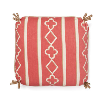 A PAIR OF SQUARE CUSHIONS MADE UP IN PINK GOTHIC STRIPE FABRIC