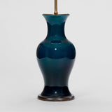 A PAIR OF FRENCH POTTERY VASES WITH A DEEP TURQUOISE GLAZE IN THE CHINESE MANNER, MID-20TH CENTURY, WIRED AS LAMPS.