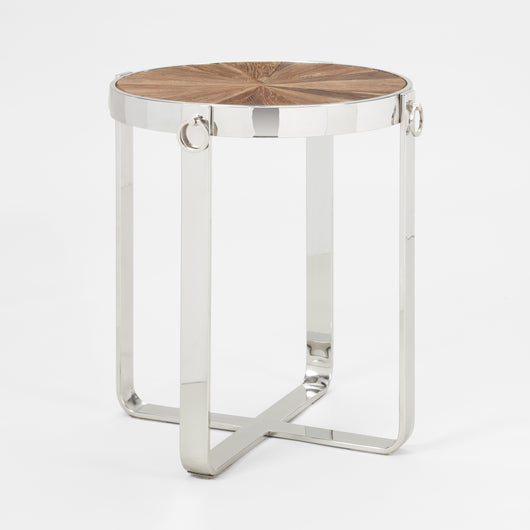 A ROUND, LOW CHROME FRAMED TABLE WITH RING HANDLES AND AN INSET WOODEN TOP.