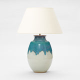 A LARGE 1960s JAPANESE VASE WITH A GREY UNDER-GLAZE AND TEAL DRIPPED GLAZE TO THE UPPER HALF. WIRED AS A LAMP.