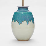 A LARGE 1960s JAPANESE VASE WITH A GREY UNDER-GLAZE AND TEAL DRIPPED GLAZE TO THE UPPER HALF. WIRED AS A LAMP.