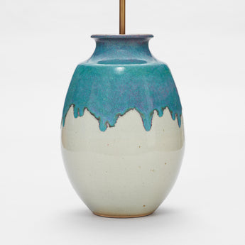 A LARGE 1960s JAPANESE VASE WITH A GREY UNDER-GLAZE AND TEAL DRIPPED GLAZE TO THE UPPER HALF. WIRED AS A LAMP.