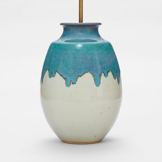 A LARGE 1960s JAPANESE VASE WITH A GREY UNDER-GLAZE AND TEAL DRIPPED GLAZE TO THE UPPER HALF. WIRED AS A LAMP.