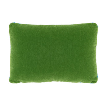 A rectangular cushion faced with green mohair velvet backed in blue wool. £272 inc vat.