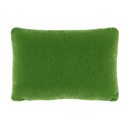 A rectangular cushion faced with green mohair velvet backed in blue wool. £272 inc vat.