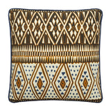 SQUARE CUSHIONS MADE UP FROM A BATIK PANEL IN WHITES AND BROWNS ON A BLUE GROUND BACKED WITH A CHARTREUSE FABRIC.