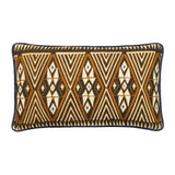 RECTANGULAR LUMBAR CUSHIONS MADE UP FROM A BATIK PANEL IN WHITES AND BROWNS ON A BLUE GROUND BACKED WITH A CHARTREUSE FABRIC.