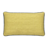 RECTANGULAR LUMBAR CUSHIONS MADE UP FROM A BATIK PANEL IN WHITES AND BROWNS ON A BLUE GROUND BACKED WITH A CHARTREUSE FABRIC.