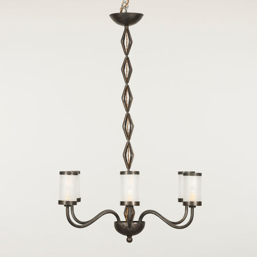 A mid-20th century continental wrought iron six-branch chandelier, the etched glass lampshades replaced.