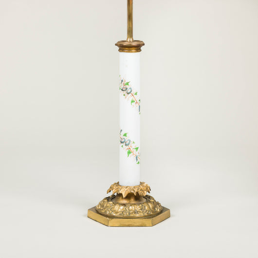 A 19th century brass and opaline column lamp-base painted with twisting convolvulus, now electrified.