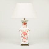 A Quing dynasty porcelain vase of square shape with pink enamel floral decoration, as a lamp.