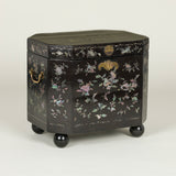 A late 18th/early 19th century Chinese export lac-burgaute tea box on new ball feet.