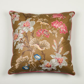 A pair of square cushions made up in the Lilies and Geraniums design.