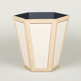 A hexagonal waste paper bin with hand painted faux panel decoration. Paint chart colour No. 11.