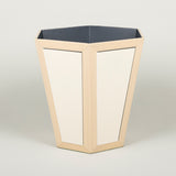 A hexagonal waste paper bin with hand painted faux panel decoration. Paint chart colour No. 11.