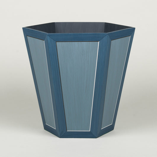 A hexagonal waste paper bin with hand painted faux panel decoration. Paint chart colour No. 4.