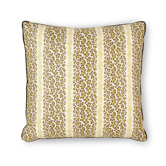 A SQUARE CUSHION MADE UP IN LIME GREEN LEOPARD STRIPE CHINTZ