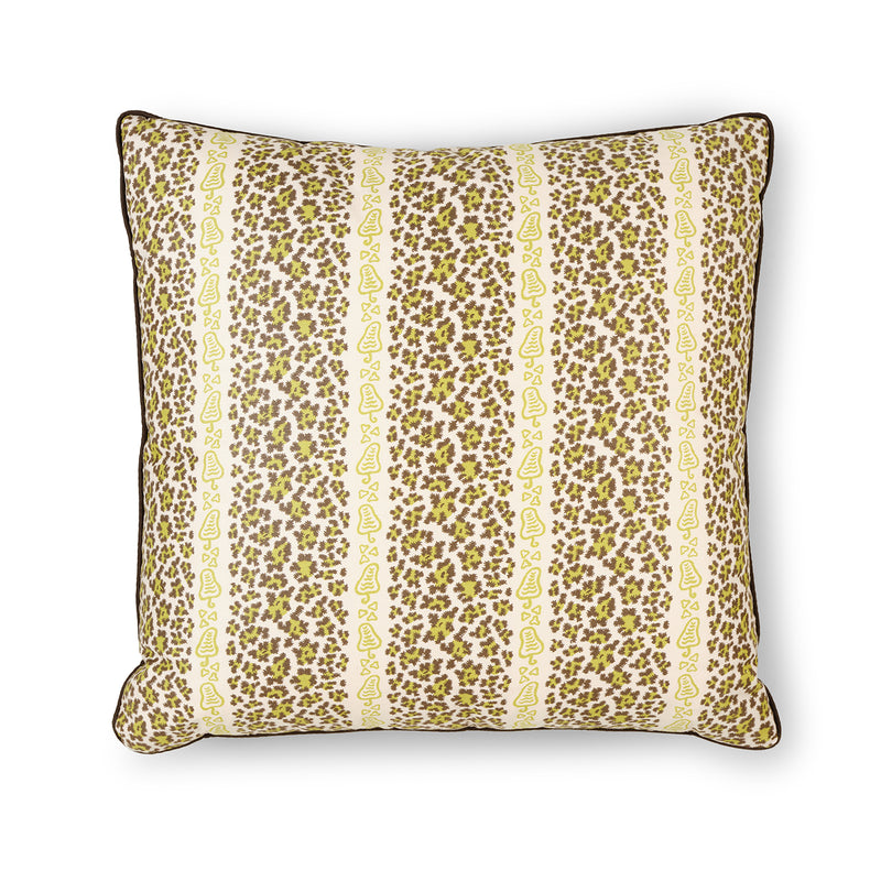 A SQUARE CUSHION MADE UP IN LIME GREEN LEOPARD STRIPE CHINTZ