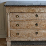 AN EARLY 19TH CENTURY FRENCH EMPIRE BLEACHED ASH COMMODE, WITH ORIGINAL MARBLE TOP.
