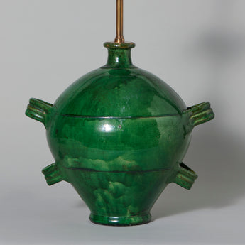An unusual four-handles green glazed pottery vase, probably French, 20th C. wired as a lamp.