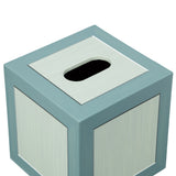 A TISSUE BOX WITH HAND PAINTED FAUX PANEL DECORATION