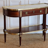 AN EARLY 20TH CENTURY FRENCH MAHOGANY CONSOLE DESSERT IN THE LOUIS XVI TASTE, RETAINING THE ORIGINAL MARBLE TOP AND GILT BRONZE MOUNTS.