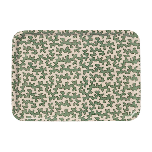 A LARGE BIRCH VENEER TRAY WITH A CLASSIC PRINT