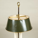 A large brass three-candle bouillotte lamps with tole shade. Mid-20th century French. Rewired.