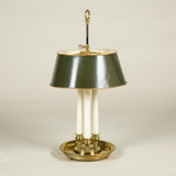 A large brass three-candle bouillotte lamps with tole shade. Mid-20th century French. Rewired.
