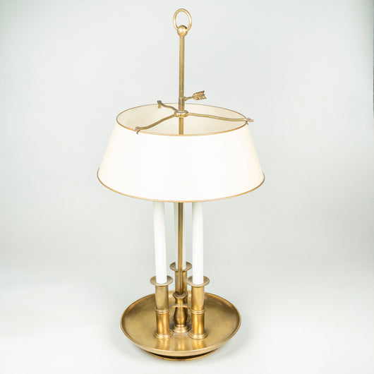 A large Bagues three-candle brass bouillotte lamp with painted tole shade. Mid 20th century. Shade repainted.