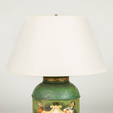 A 19th century green-painted tea tin, converted to a lamp.    HL