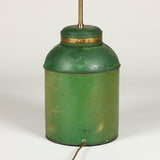 A 19th century green-painted tea tin, converted to a lamp.    HL