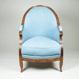 A charming Louis XVI elm-framed bergere with narrow arched back. French provincial, circa 1780.