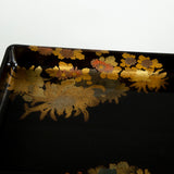 A rectangular Japanese black lacquer tray with floral gilt decoration. Probably early to mid 20th century on a modern stand.