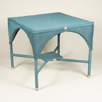 A blue-painted square woven wicker table. French, mid 20th century.