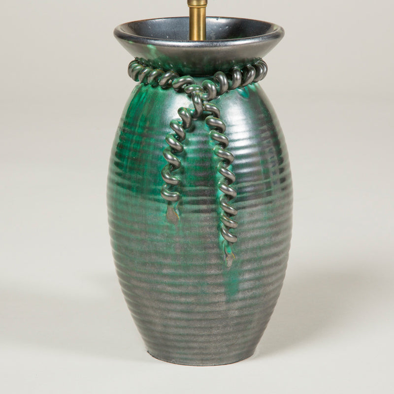 A green glazed Belgian studio pottery vase with applied cord
