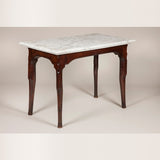 An 18th century French oak console table with unusual stepped pied de biche legs and original marble top.