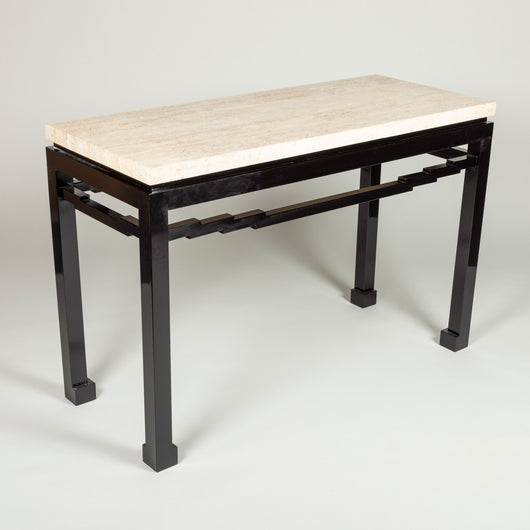 A mid-20th century Italian console table with a travertine stone top on a black-lacquered metal base.