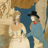 An 18th C. felt collage and embroidery picture of a courting couple in period pine frame.   HL